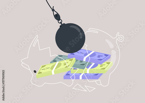 A huge wrecking ball is poised to strike a piggy bank overflowing with colorful bills, Tension fills the scene as financial worries loom large over the adorable savings container.