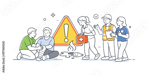 Team responding to a workplace incident and ensuring proper safety procedures are followed in a professional environment, represented through a metaphor of a warning