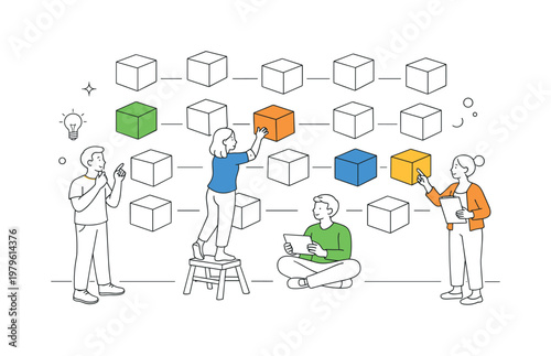 Individuals exploring abstract concepts and visual organization through geometric 3D block arrangements in a clean design setting, visualized with a metaphor of floating