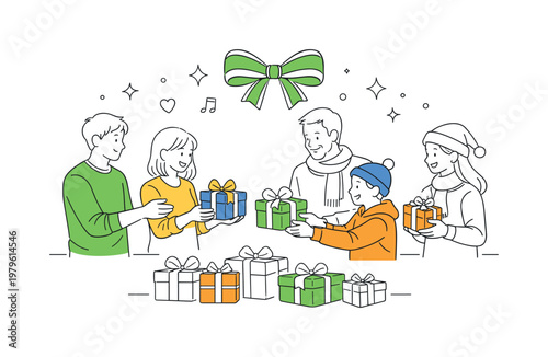 A festive celebration scenario where people exchange presents to express appreciation and joy during seasonal holidays, illustrated through a clean scene featuring