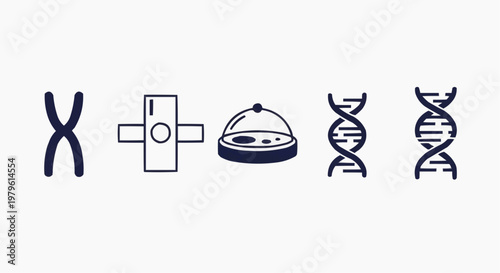 Genetics and microbiology icon set, DNA double helix and chromosome symbols, petri dish and laboratory equipment vector illustrations