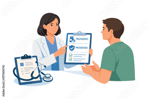 Healthcare consultation scene where a doctor explains treatment options and preventive steps to a patient, emphasizing communication, clarity, and patient-centered care,