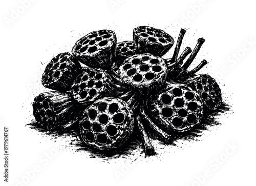 A dense cluster of dried lotus pods with broken stems shown in a slightly angled view, enlarged to dominate the frame as a perforated organic mass on a clean white