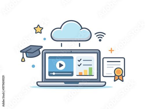 E-learning platform and virtual education ecosystem enabling users to access courses, track performance and interact with content across devices, a cloud connected with a
