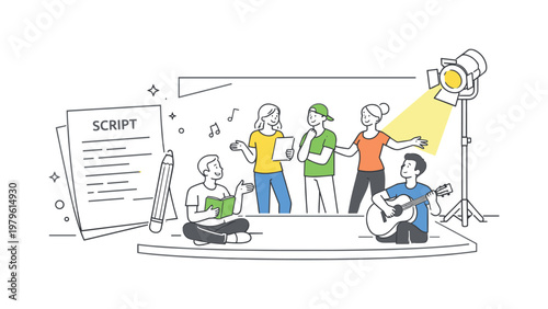 Collaboration and rehearsal process in performing arts where a group practices and refines their performance together in preparation for a show, visualized through two or