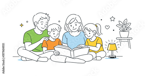 Reading together family bonding concept illustrating parents and children spending quality time reading and learning in a comfortable home environment, using a book and a
