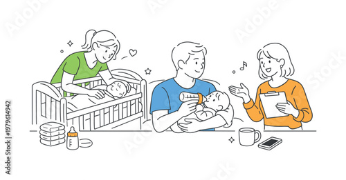 New parents early family life scene showing a couple adapting to caring for a newborn and managing new responsibilities in a home environment, using a baby crib and a