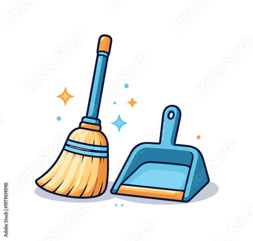 Household cleaning and daily maintenance presented as a practical lifestyle concept, a simple broom paired with a dustpan placed side by side symbolizing tidiness and