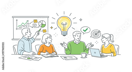 Business meeting strategy discussion concept featuring professionals reviewing plans and exchanging insights in a collaborative setting, using a presentation board and a
