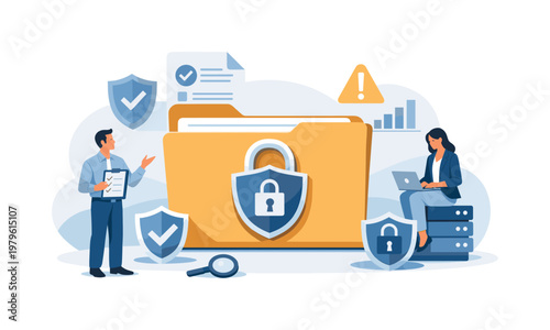 Information security concept where a system ensures safe handling and storage of private data, highlighting compliance, trust, and risk prevention in digital services,
