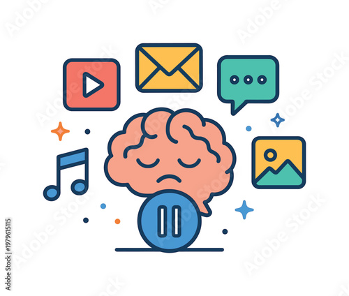 Digital overstimulation and constant content exposure reducing attention span and mental clarity in modern lifestyles, multiple scattered media icons combined with a