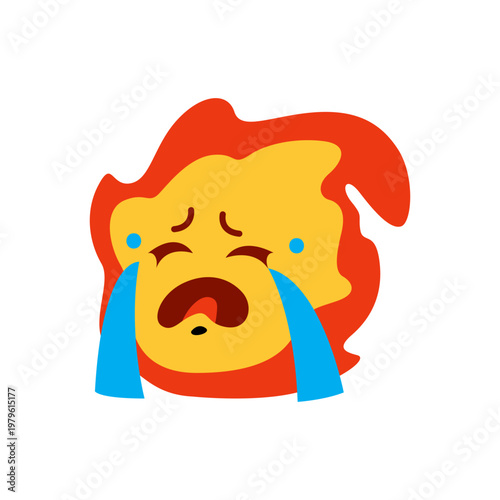 Cute Crying & Sobbing Fire Emoji Doodle Illustration. Flame Smiley Mascot Character Emoticon in Flat Design Colors