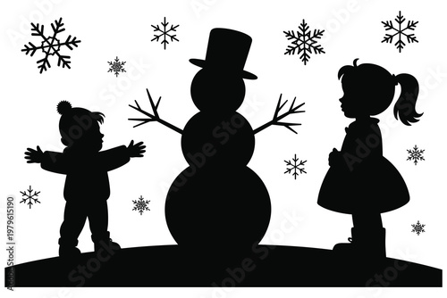 Silhouettes of three people walking under falling snowflakes