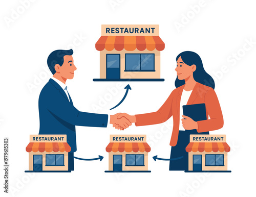 Restaurant franchise expansion concept where a business grows through multiple locations under a unified system, highlighting entrepreneurship, scaling strategy, and
