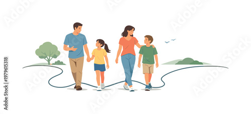 Family Day outdoor moment with parents and children enjoying a peaceful walk in a park, engaging in conversation and shared presence away from digital distractions,