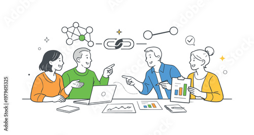 Group analytics teamwork scenario showing colleagues combining data perspectives and reaching conclusions together, with a network diagram and a single connection line