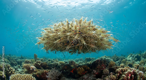Shrimp Swarm Over Coral Reef with Schooling Fish Underwater