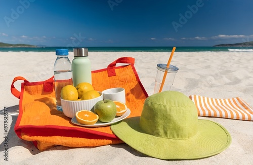 hat and sunglasses on the beach