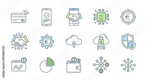 Collection of fintech security and payment line icons.
