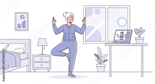 Healthy lifestyle concept, elderly woman practicing yoga at home via online class