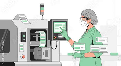 Healthcare worker operating an automated manufacturing and packaging machine for pharmaceutical or