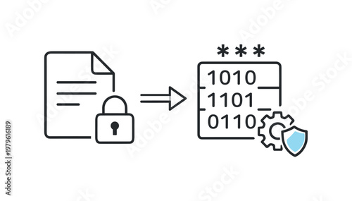 Data encryption process highlighting transformation of readable data into protected formats to prevent unauthorized access, a document icon paired with a lock and a small