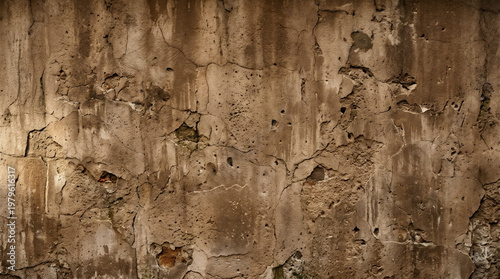 Vintage Weathered Brown Concrete Wall Surface with Cracks, Chipped Plaster and Natural Patina