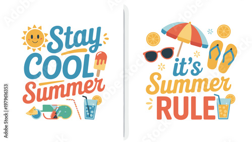 Foto Stay Cool It’s Summer Rule Vector Set – Sun, Ice Cream and Drinks Vacation Illus