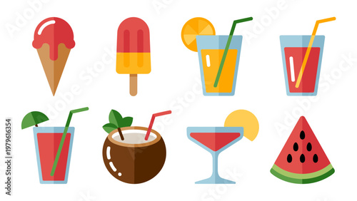 Konstfotografi Colorful Summer Treats and Drinks Icon Set – Ice Cream, Juice and Refreshing Bev