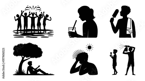 Heatwave Lifestyle Silhouette Collection – People Staying Cool in Summer Concept Set