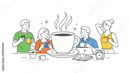 Everyday lifestyle and morning routine in a modern setting where individuals enjoy coffee as part of their daily rhythm, represented by a clear visual metaphor of a