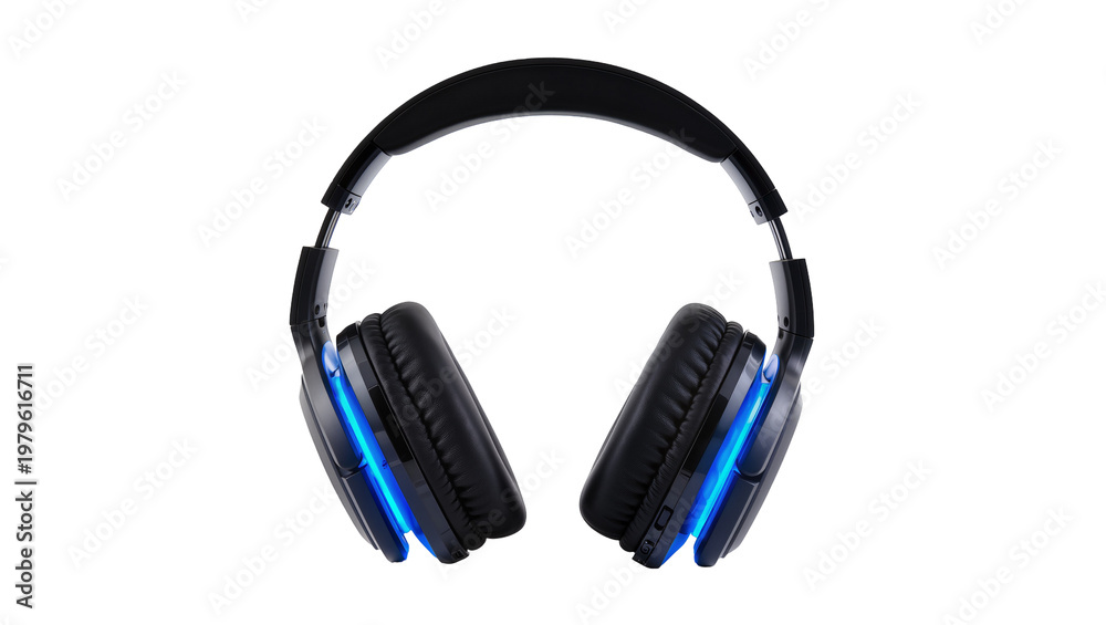 Fototapeta premium Black padded headphones with blue LED lighting and adjustable headband