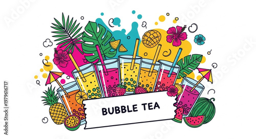 Colorful Bubble Tea Drinks With Tapioca Pearls Assortment.
