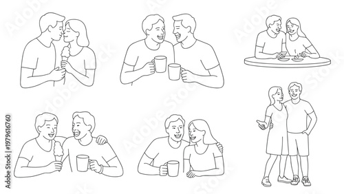 Romantic Everyday Moments Outline Vector Pack – Couple Lifestyle Scenes with Coffee and Dessert