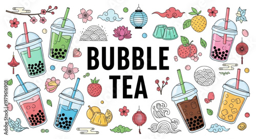 Colorful Bubble Tea Drinks With Tapioca Pearls.
