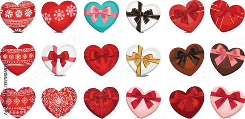 Set of Heart-Shaped Gift Box Vector Illustrations Featuring Red, Pink, and White Colors with Bows and Decorative Patterns for Valentine’s Day and Romantic Gifts
