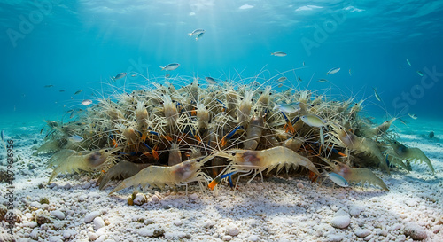 Cleaner Shrimp Colony Underwater with Small Fish Tropical Reef