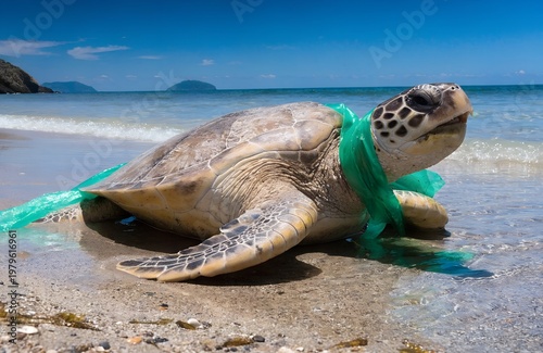 Sea Turtle Trapped in Plastic Waste on Beach – Wildlife and Ocean Pollution Concept