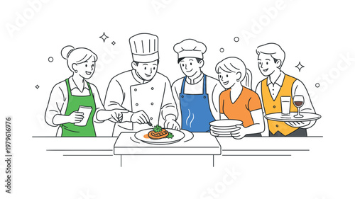 A professional restaurant team collaborating during a busy service shift, shown through a coordinated scene of chefs and waitstaff working together around a central