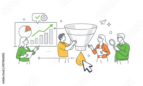 A digital marketing and campaign optimization concept where professionals analyze data and adjust tactics for better performance, represented by a minimal composition of