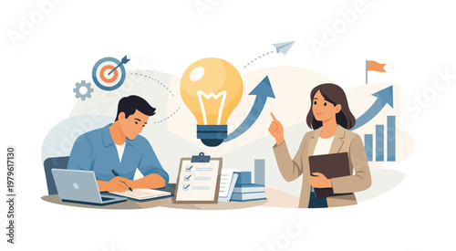 Startup and entrepreneurial mindset theme where an individual transforms an idea into actionable plans and opportunities in a business context, represented by a simple