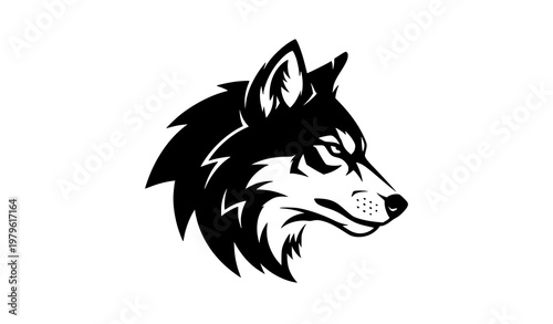 Stylized wolf head silhouette with flowing fur elegant black vector design animal icon isolated on white