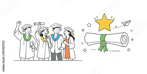 An academic achievement moment where graduates mark their success and prepare for new beginnings, illustrated by a small group gathered near a simple diploma and star