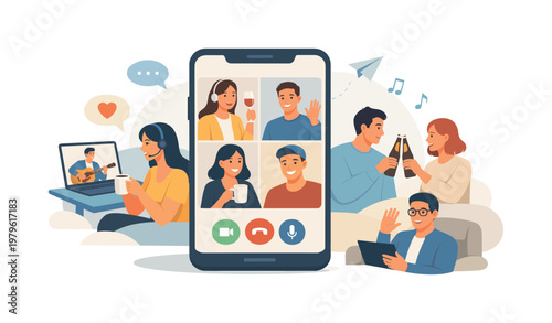 A remote celebration scene where friends interact and share moments through digital platforms, illustrating technology-enabled gatherings and maintaining relationships