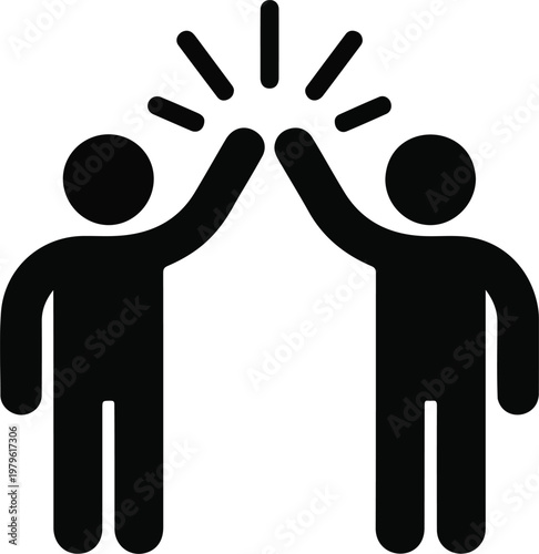 Simple stick figure illustration showing high five gesture with radiant burst symbolizing achievement collaboration and positive interaction