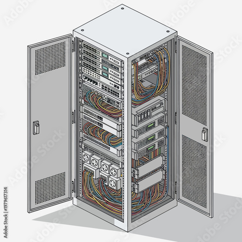 Server Rack with Open Doors and Visible Cables and Equipment.