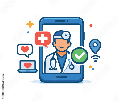 Digital clinic visit highlighting telemedicine and remote healthcare access in modern systems, a smartphone displaying a doctor figure with a medical cross and a small