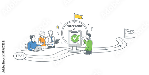 A clear process checkpoint validation scenario where a team reviews progress at a key stage before allowing tasks to continue during a planning session, centered around a