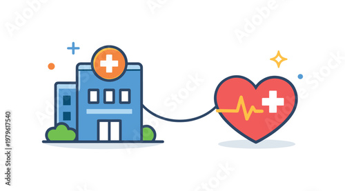 Healthcare support and treatment process centered on delivering professional medical assistance and improving patient outcomes, a simple hospital building icon connected