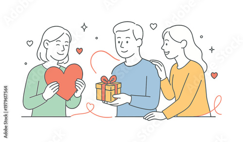 Valentines Day celebration where people express love and appreciation through thoughtful gestures and symbolic gifts, illustrated through a clean scene featuring a heart